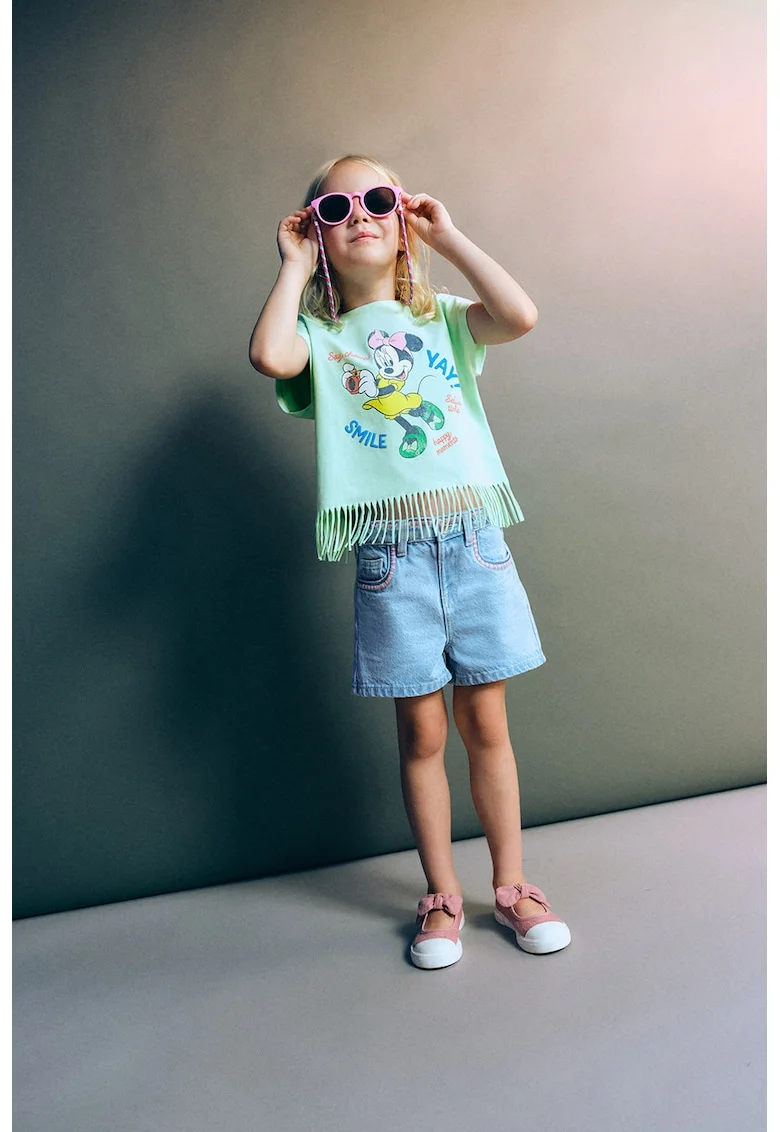 Tricou de bumbac cu imprimeu si franjuri, Verde menta