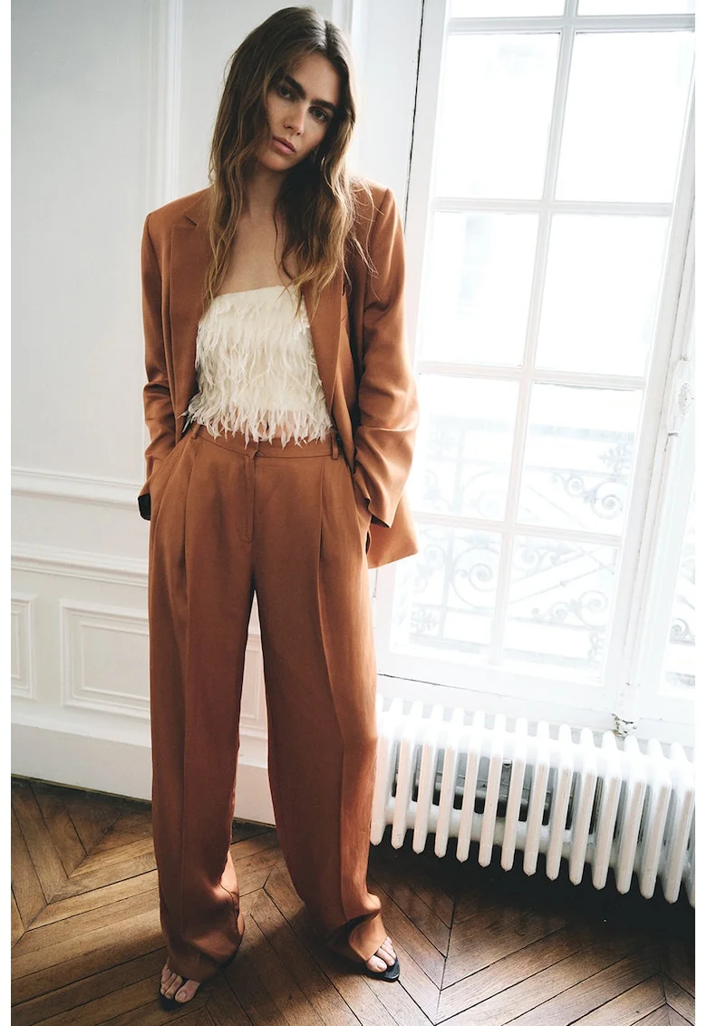 Pantaloni drepti din amestec de in, Caramel