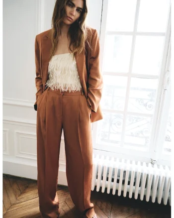 Pantaloni drepti din amestec de in, Caramel