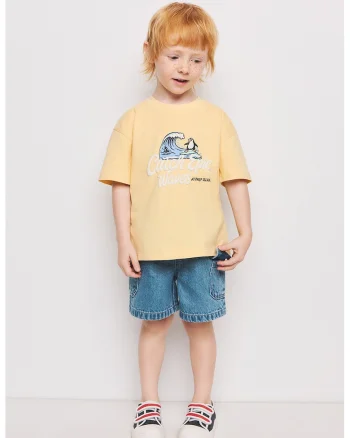 Tricou lejer de bumbac cu text si imprimeu grafic, Galben pal