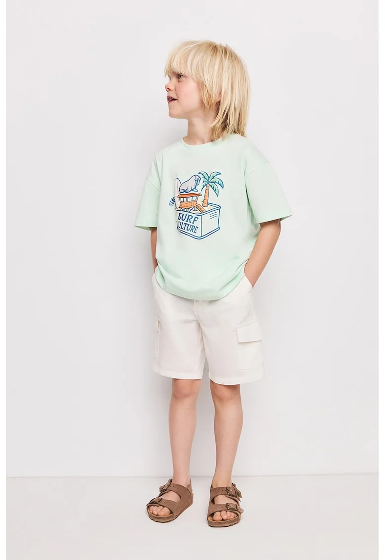 Tricou de bumbac cu imprimeu grafic si text, Verde pal