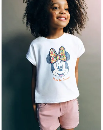 Tricou de bumbac cu Minnie Mouse brodat, Alb optic