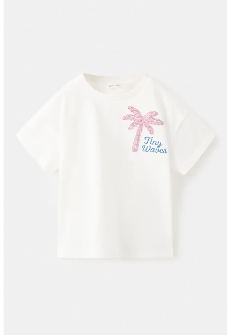 Tricou cu decolteu la baza gatului si broderie, Alb/Roz deschis