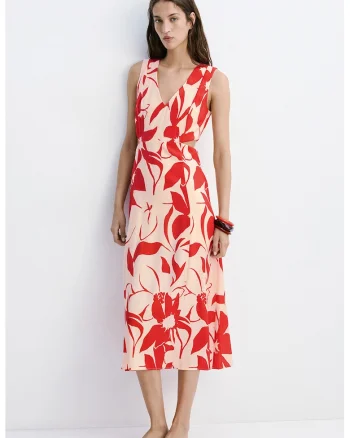 Rochie midi cu decolteu in V si model, Rosu/Crem