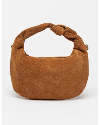 Geanta din piele intoarsa cu bareta de umar detasabila, Caramel