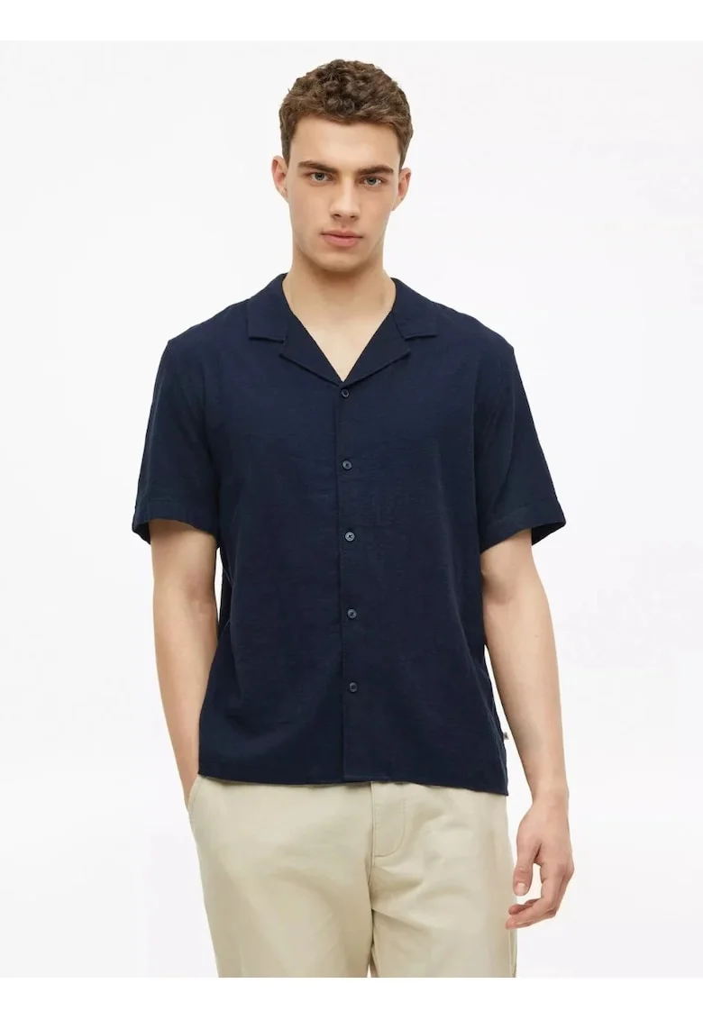 Camasa cu maneca scurta barbati, din bumbac, Resort fit, Bleumarin inchis