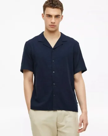 Camasa cu maneca scurta barbati, din bumbac, Resort fit, Bleumarin inchis