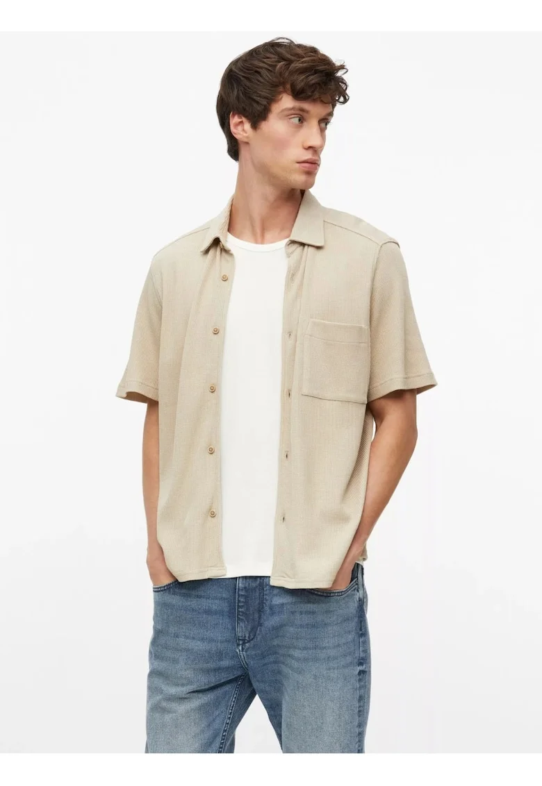 Camasa barbati din amestec de bumbac, piqué tip waffle, Relaxed fit, Bej, Bej