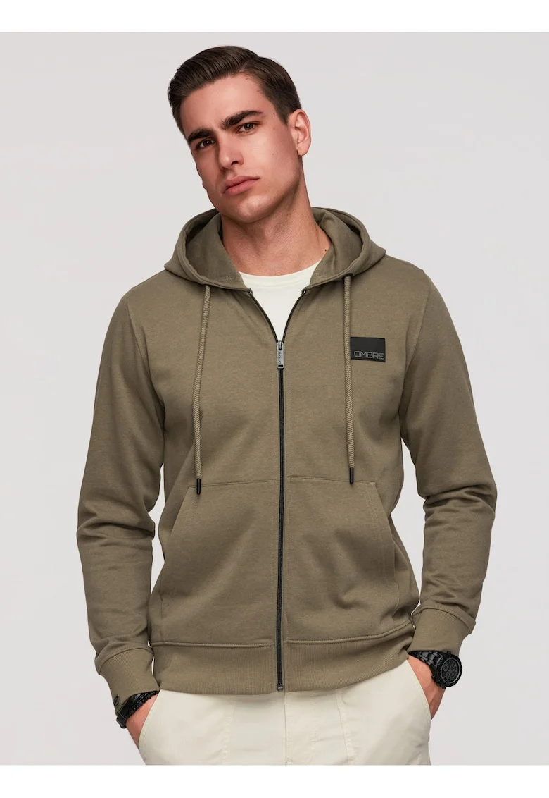 Bluza cu gluga, cu fermoar, din material moale, stil modern, Verde masliniu