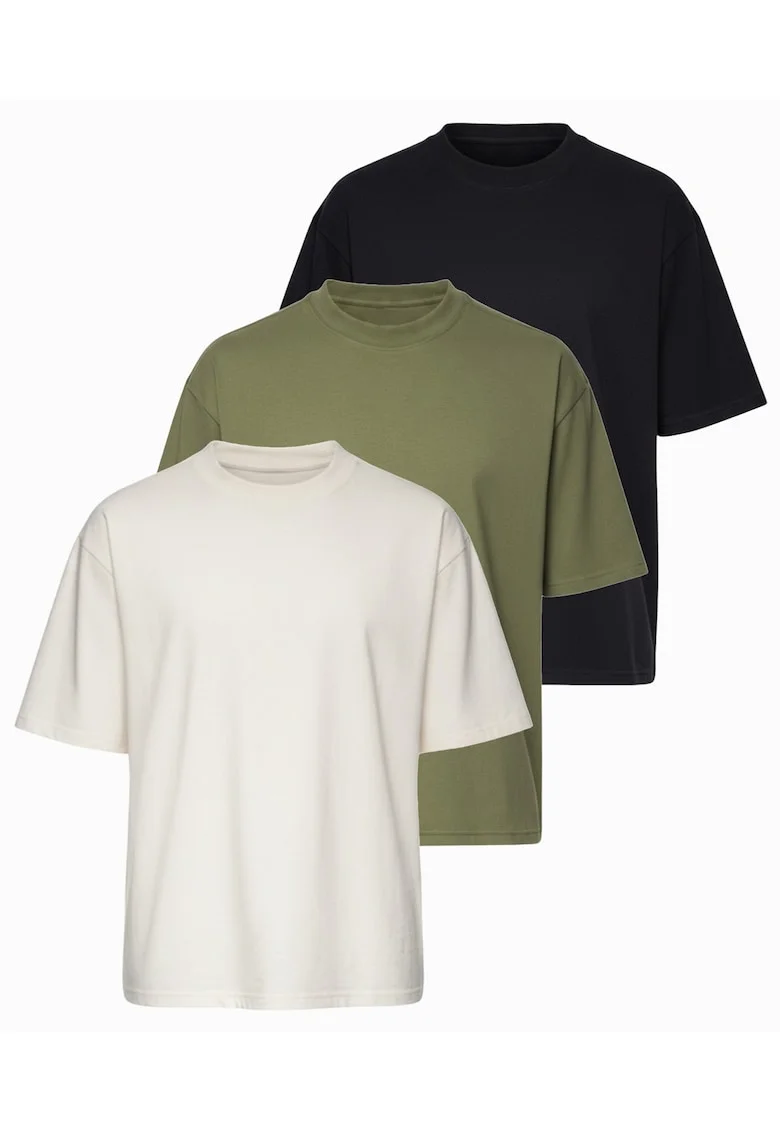 Tricou barbati cu croiala loose fit din jersey elastic, Negru/Kaki/Alb murdar