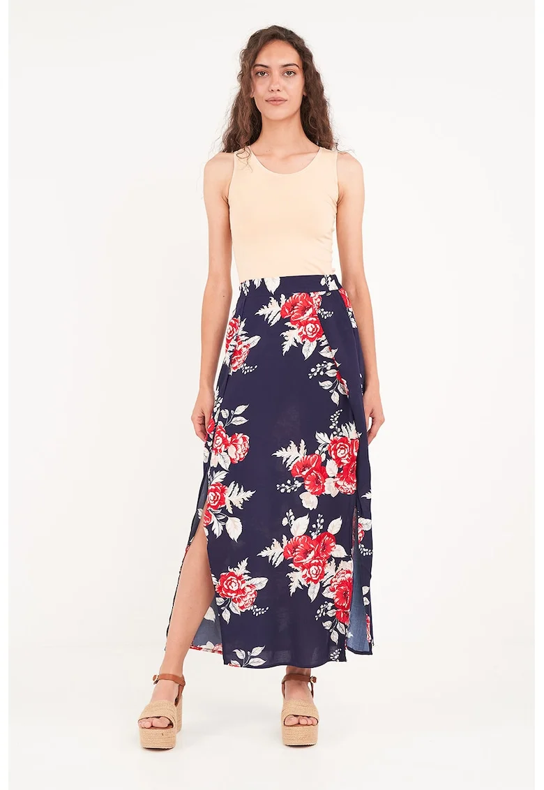 Fusta lunga cu model floral si slit lateral, Rosu/Bleumarin