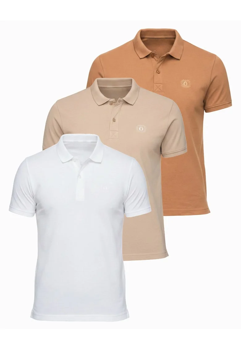 Tricou polo cu detalii de broderie si material piqué, Alb/Bej/Maro deschis