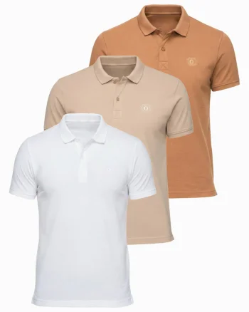 Tricou polo cu detalii de broderie si material piqué, Alb/Bej/Maro deschis
