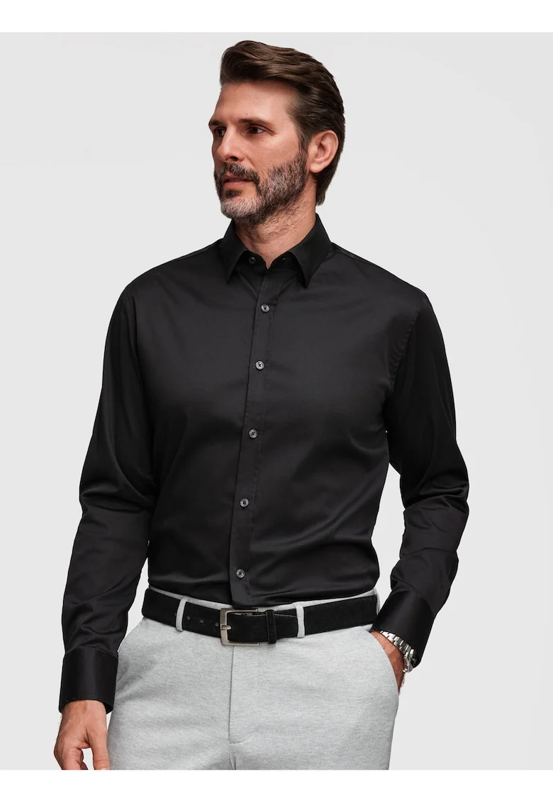 Camasa slim fit din material satinat cu detalii elegante, Negru