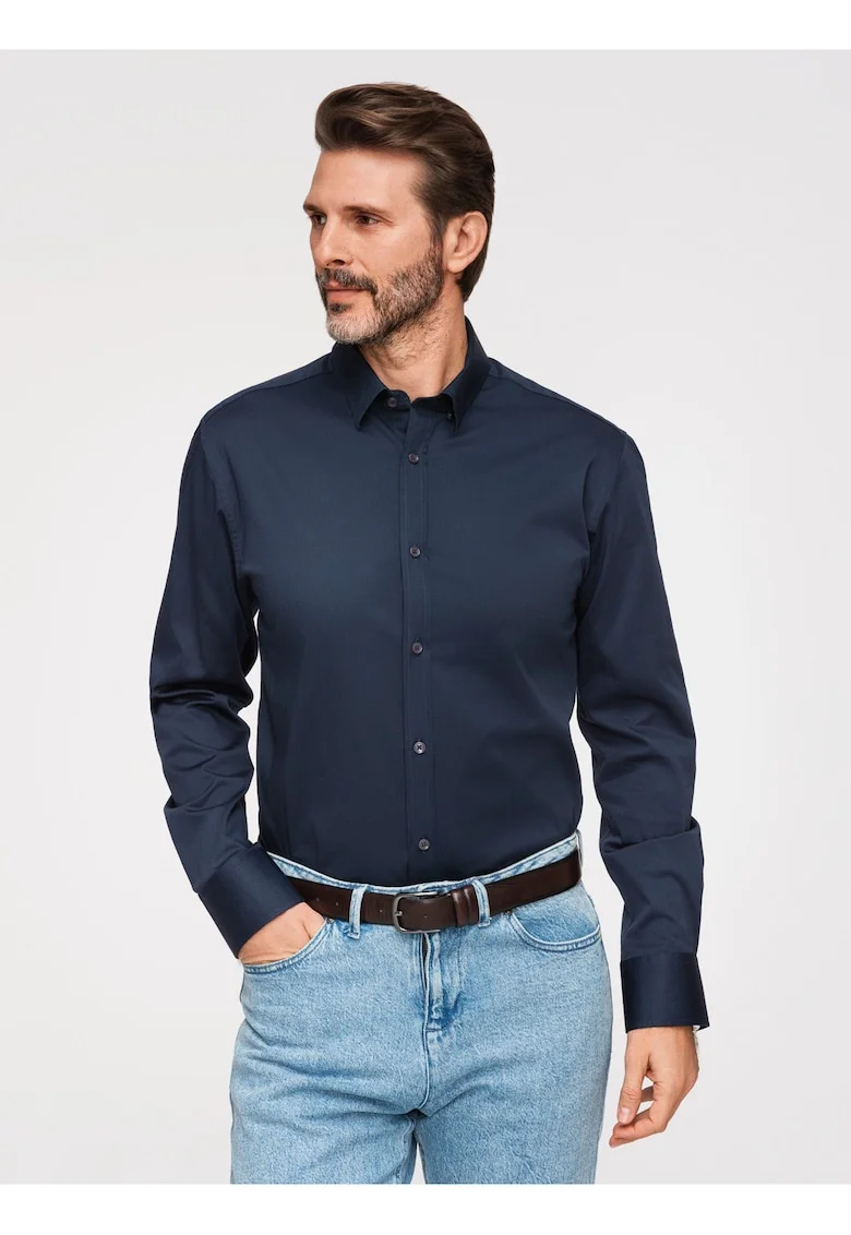 Camasa slim fit din material satinat cu detalii elegante, Bleumarin