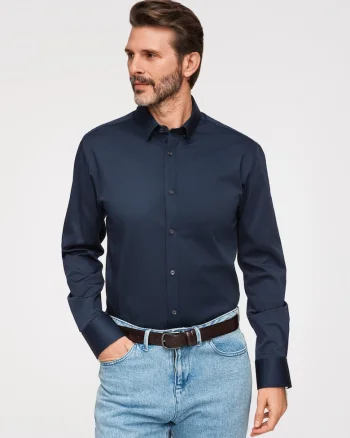Camasa slim fit din material satinat cu detalii elegante, Bleumarin