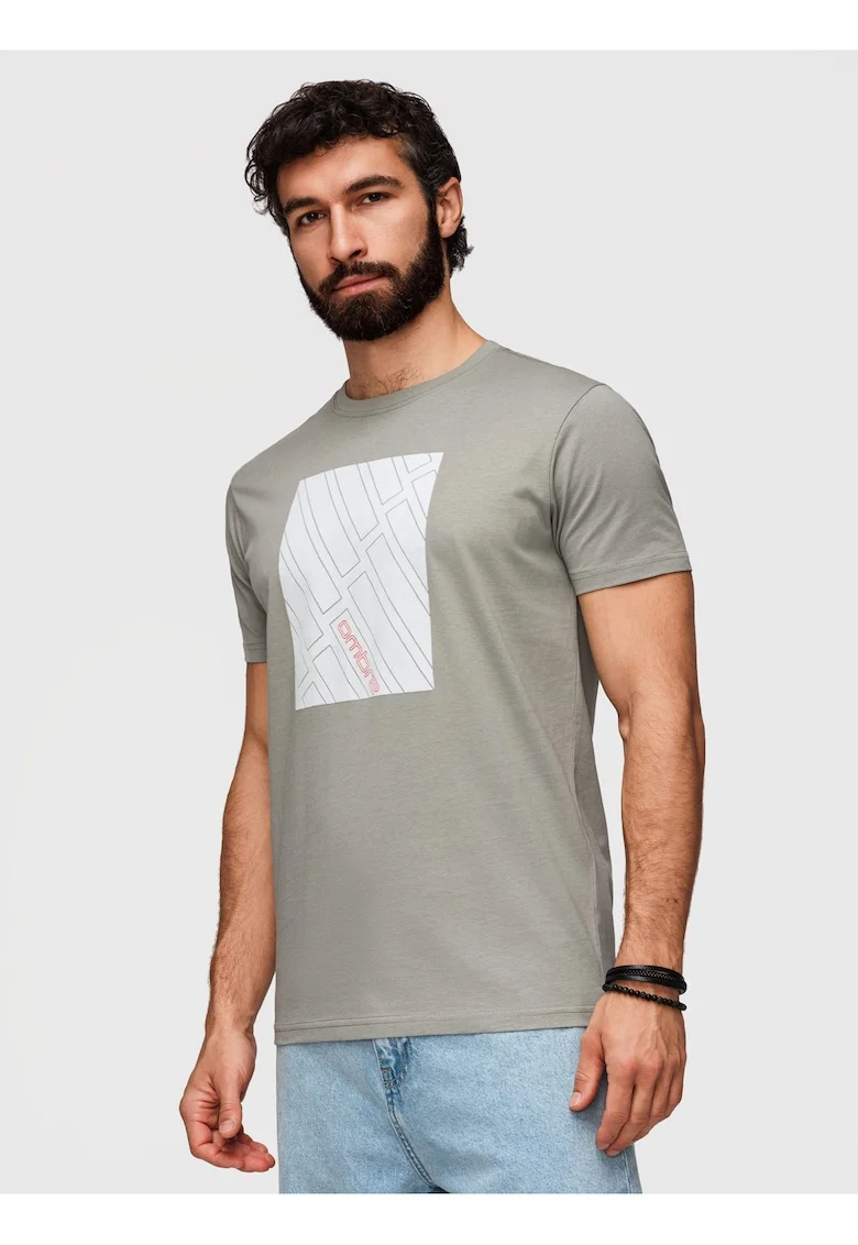 tricou barbati cu imprimeu geometric din bumbac si croiala regular fit, Gri