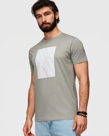 tricou barbati cu imprimeu geometric din bumbac si croiala regular fit, Gri