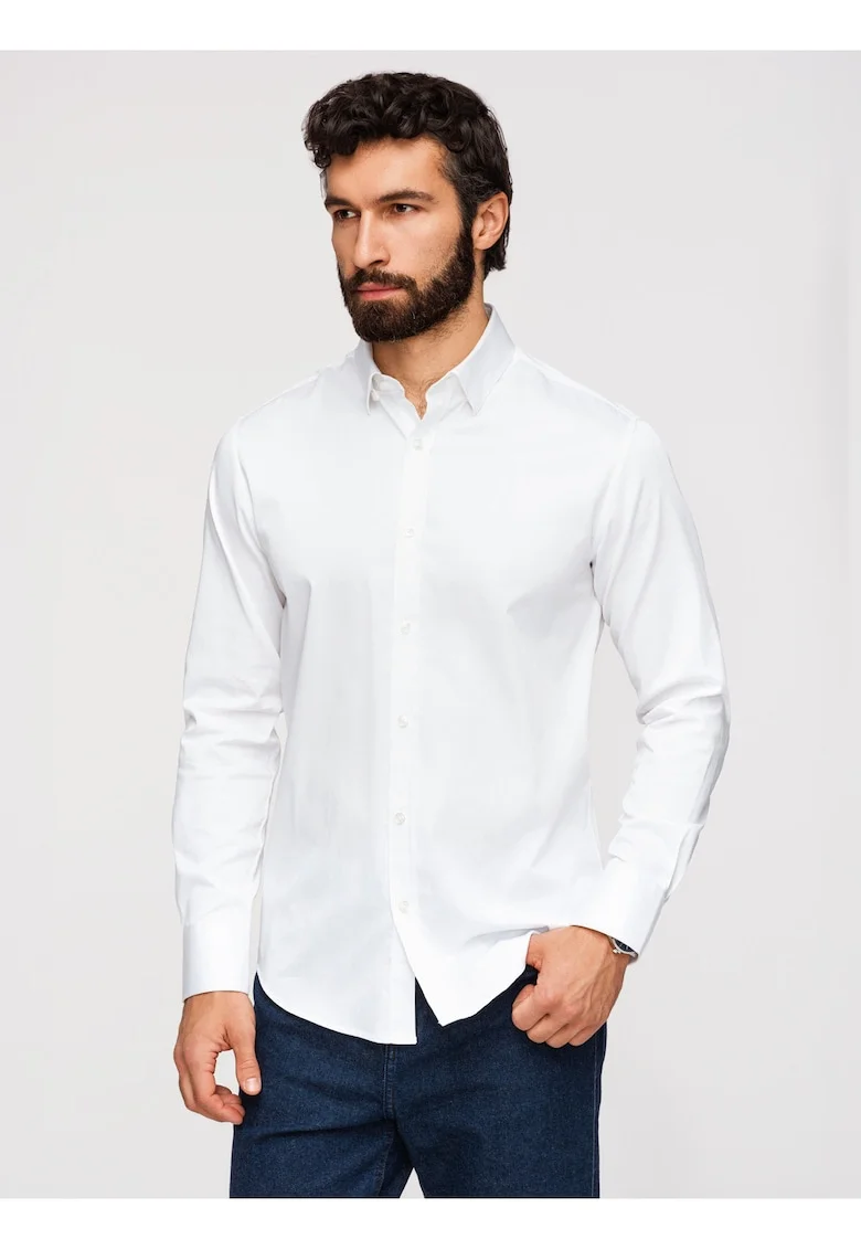 Camasa slim fit din material satinat cu detalii elegante, Alb