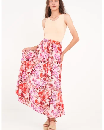 Fusta lunga cu model floral, Rosu/Roz