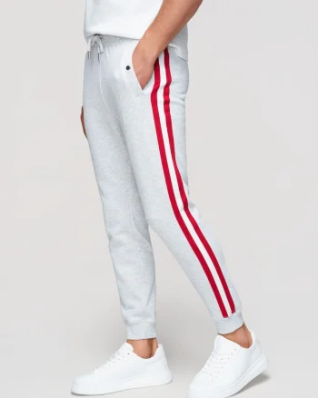 Pantaloni jogger cu elastic si buzunare laterale din material moale, Gri deschis melange