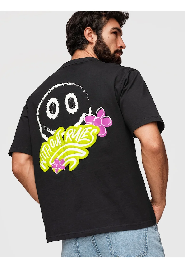 Tricou barbati cu print si material din bumbac 100%, Negru