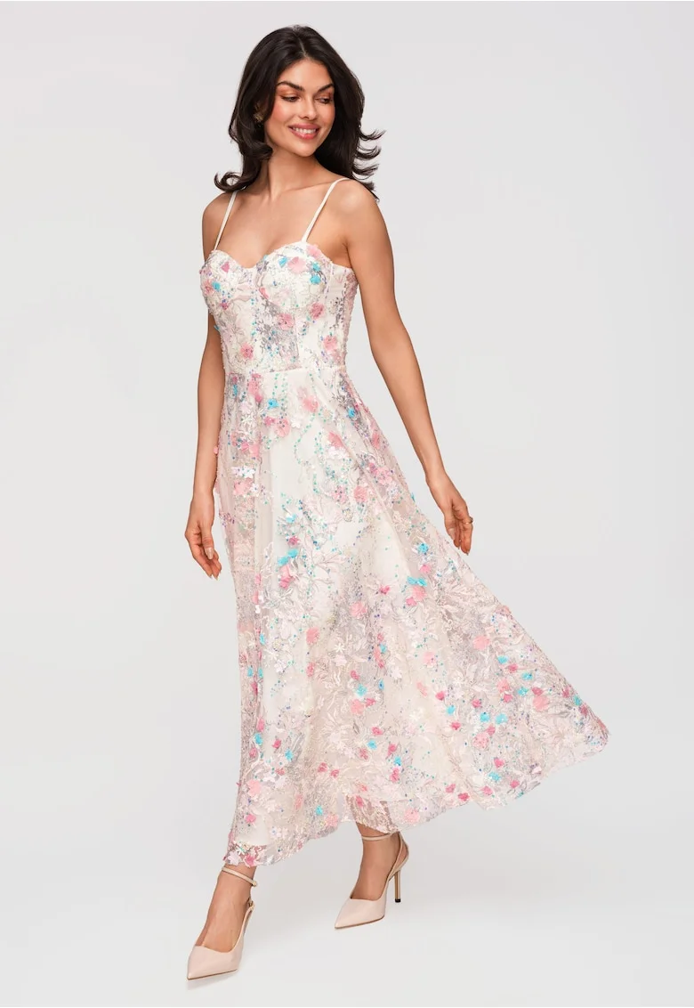 Rochie midi evazata cu detalii din dantela, Ecru