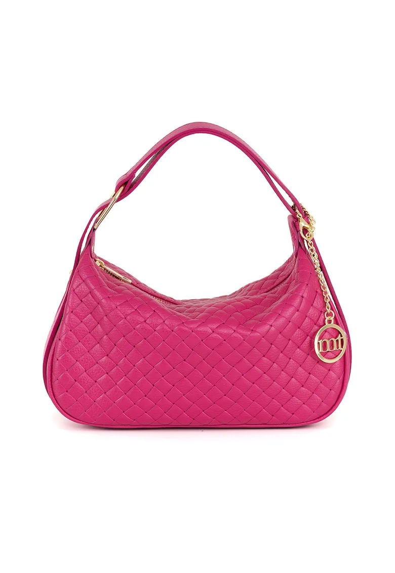Geanta din piele cu maner si logo metalic, Fucsia