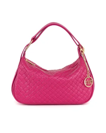 Geanta din piele cu maner si logo metalic, Fucsia
