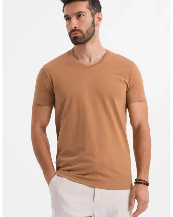 Tricou uni cu decolteu in V, Maro deschis
