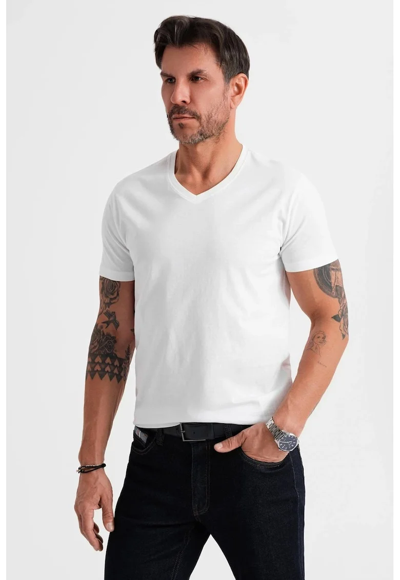 Tricou uni cu decolteu in V, Alb optic