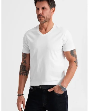 Tricou uni cu decolteu in V, Alb optic