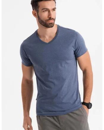 Tricou uni cu decolteu in V, Albastru melange