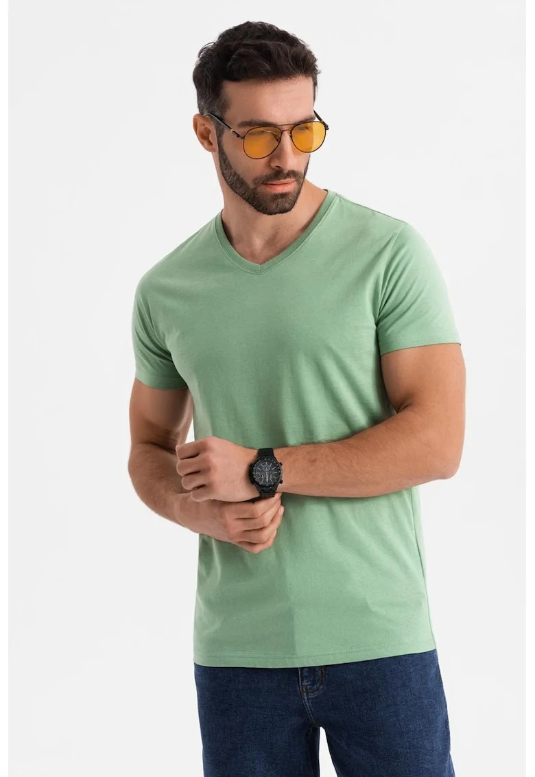 Tricou uni cu decolteu in V, Verde deschis