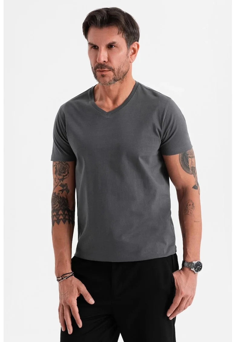 Tricou uni cu decolteu in V, Gri inchis