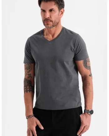 Tricou uni cu decolteu in V, Gri inchis