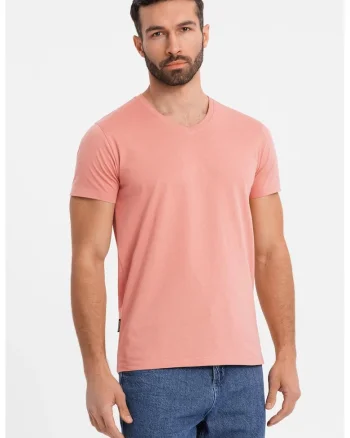 Tricou uni cu decolteu in V, Roz somon