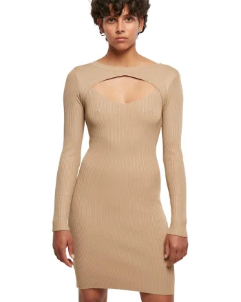 Rochie striata cu decupaj frontal, Bej deschis