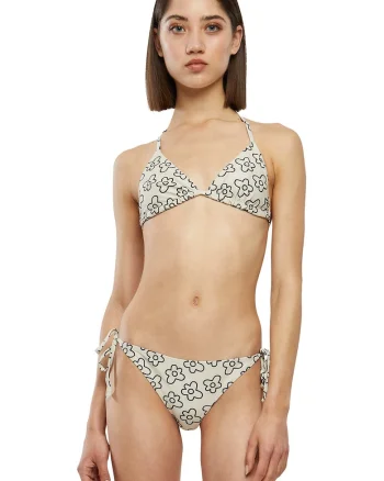 Costum de baie triunghiular cu model floral, Negru/Crem