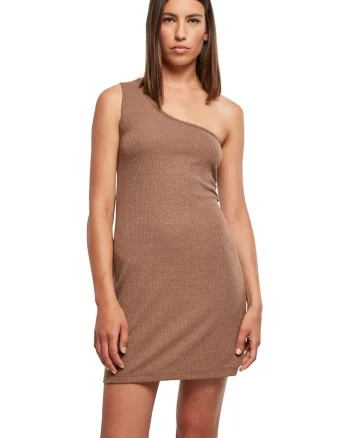 Rochie striata cu decolteu pe un umar, Kaki