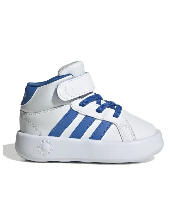 Pantofi sport mid-high de piele ecologica cu velcro Grand Court, Alb optic/Albastru deschis