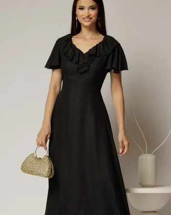 Rochie midi neagra cu sidef cu decolteu V si volanase la bust