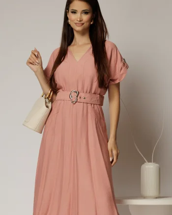 Rochie midi roz de zi din rayon cu decolteu V si curea in talie