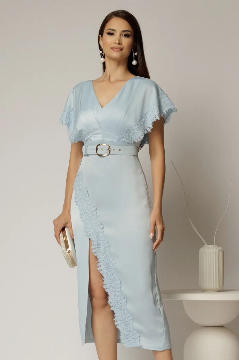 Rochie midi bleu din satin cu insertii de dantela