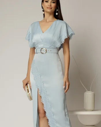 Rochie midi bleu din satin cu insertii de dantela