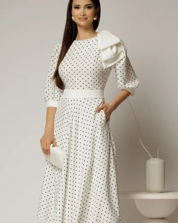 Rochie DY Fashion midi alba cu buline si funda ampla pe umar