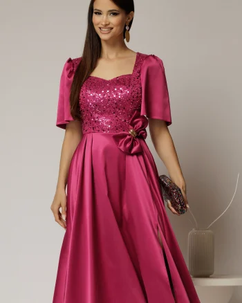 Rochie midi magenta din tafta si paiete cu funda ampla pe talie