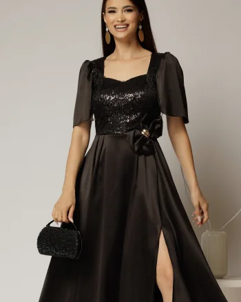 Rochie midi neagra din tafta si paiete cu funda ampla pe talie