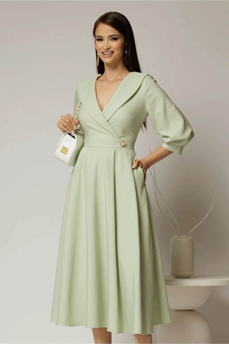 Rochie office de ocazie din stofa verde fistic cu bust petrecut si rever