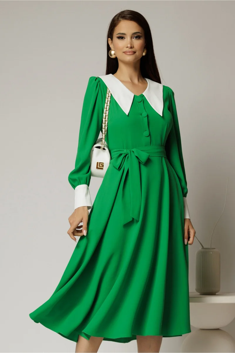 Rochie DY Fashion midi verde cu guler si mansete in contrast